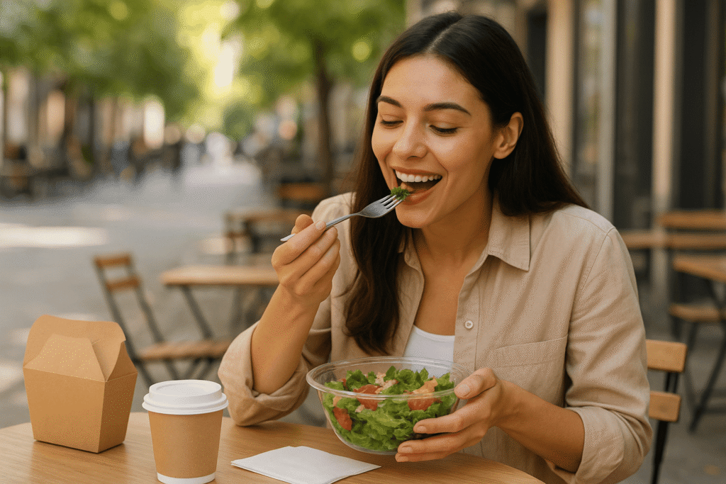 Femme qui mange en terrasse