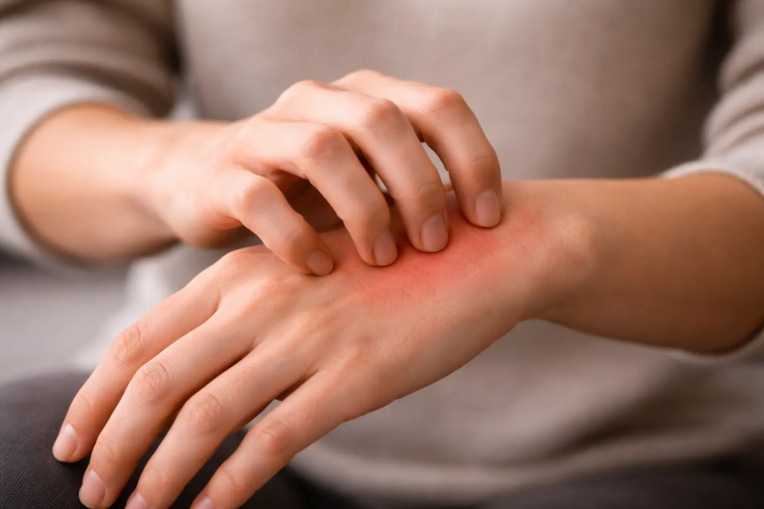 personne qui se gratte la main