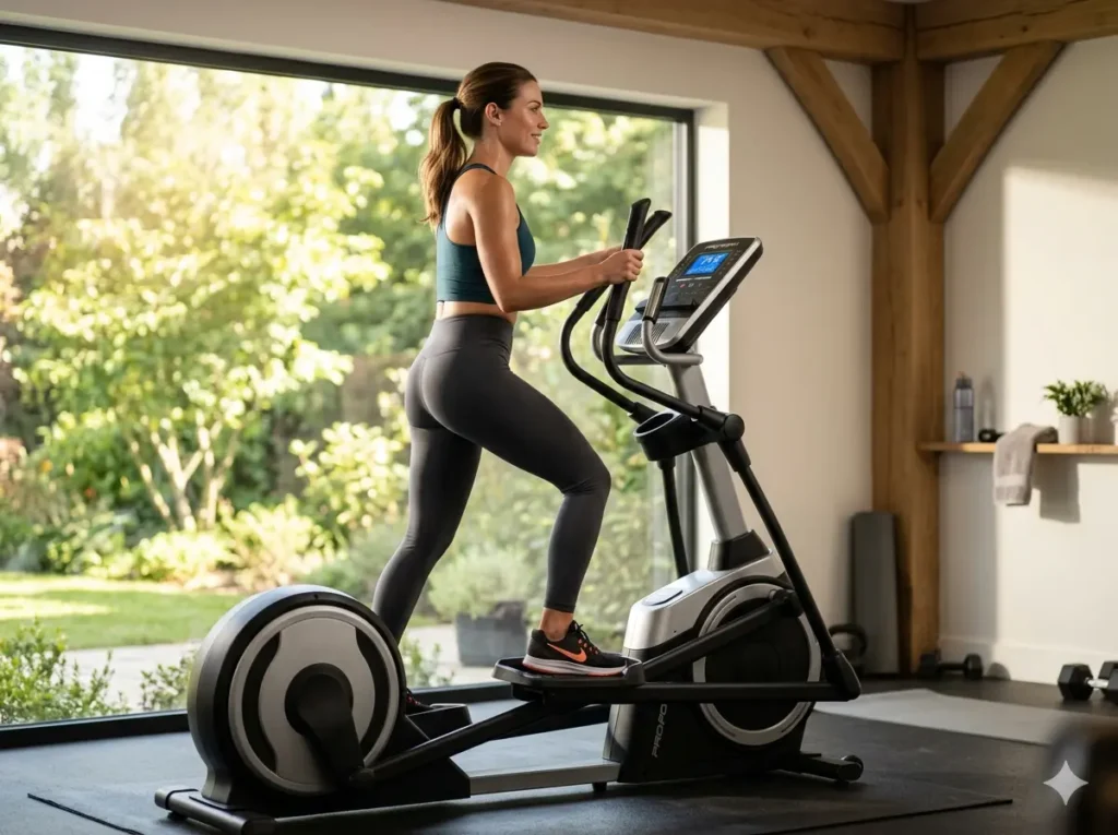 une femme sur un vélo elliptique