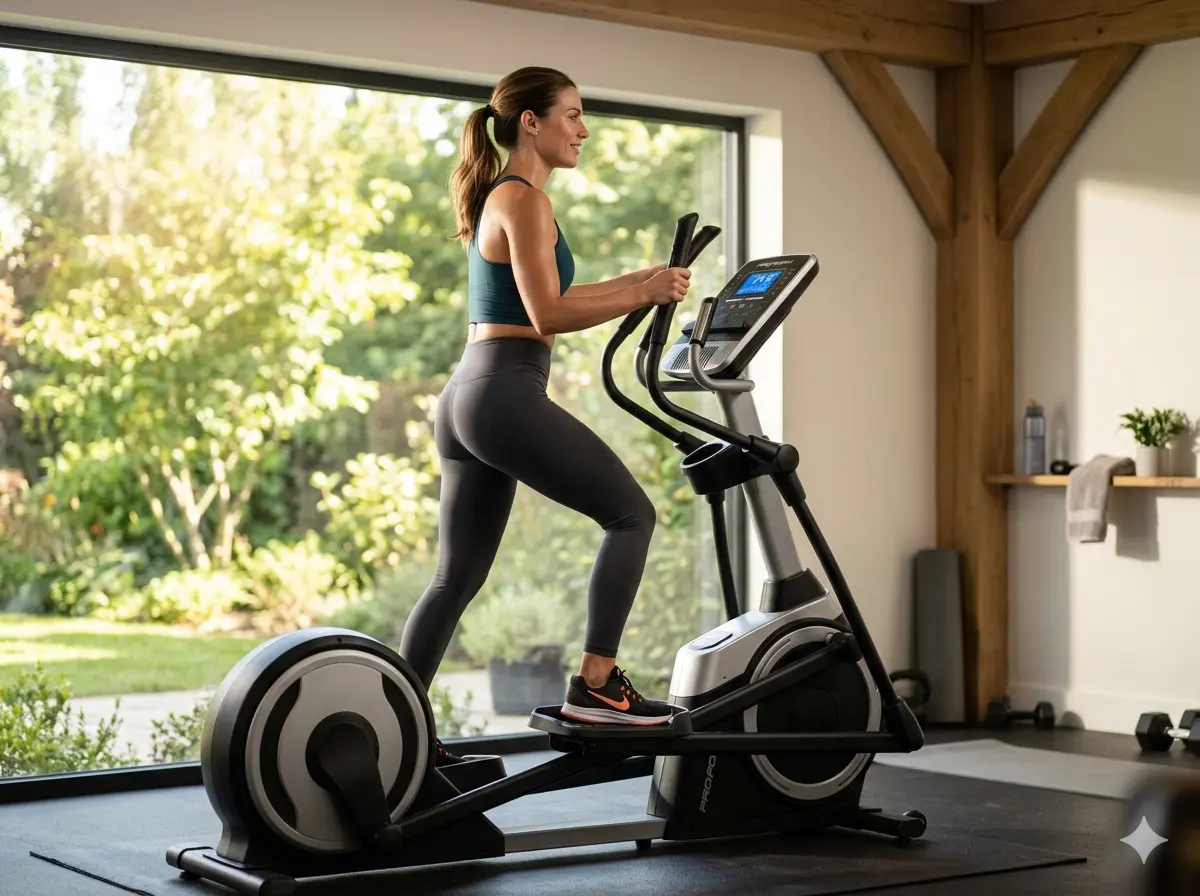 une femme sur un vélo elliptique
