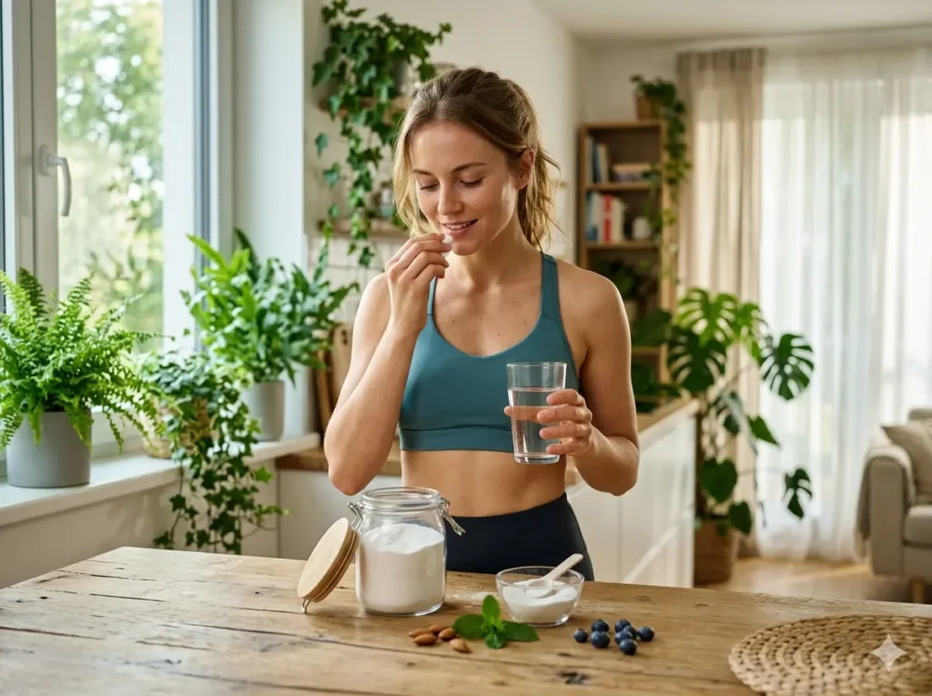femme sportive qui prend des compléments alimentaires